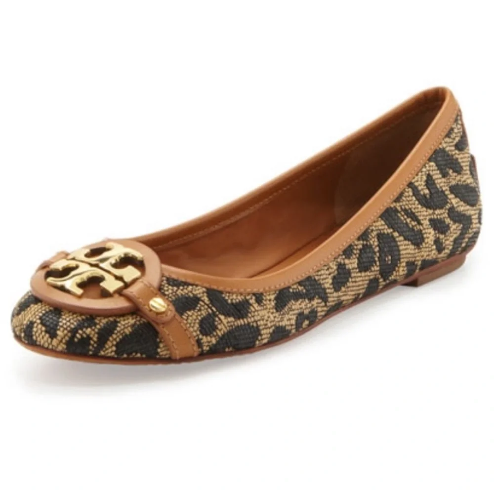 Tory Burch Leopard Print Aaden Raffia Ballet Flat size 8 animal print